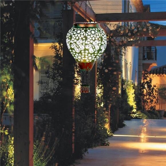 Hot Air Balloon Solar Lantern, Butterfly Hollow Out Metal Hot Air Balloon Decor - Picture 6 of 7